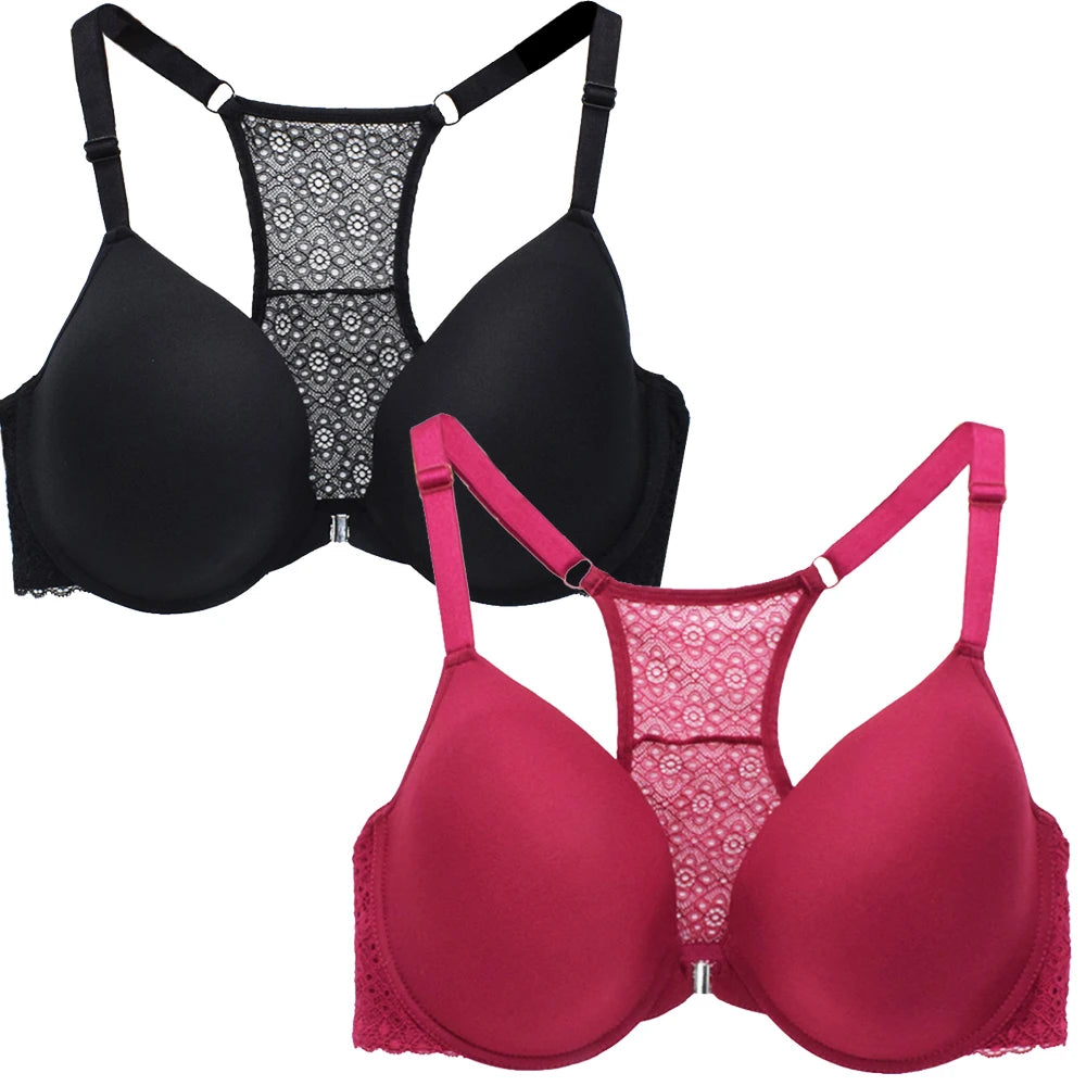 Black and pink bras with lace detailing on a white background