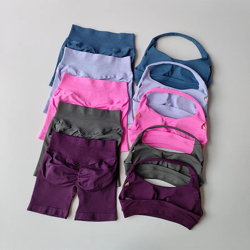 Sexy Halter Neck Beautiful Back High Waist Peach Sports Bras Shorts Suit Pilates Gathering Yoga Vest Training Fitness Bra Sets