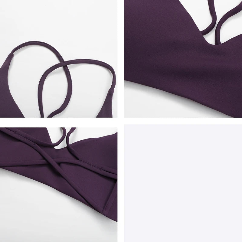 Collage of a purple bikini top with straps and fabric details on a white background