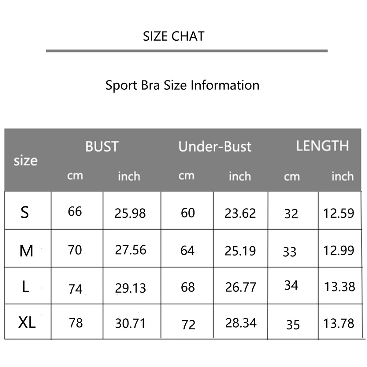 Sport bra size chart with measurements in centimeters and inches.