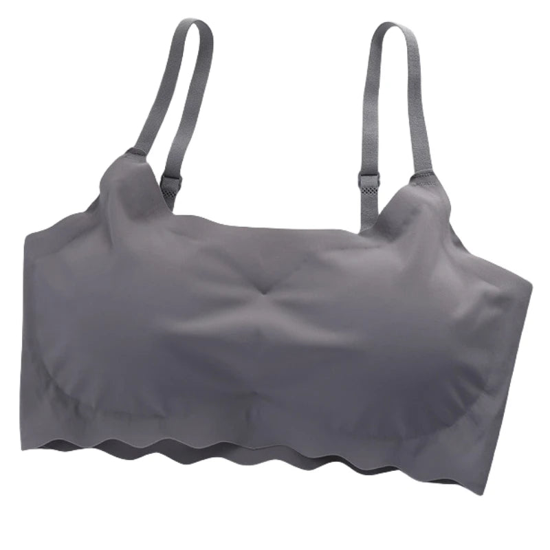 Gray scalloped-edge bralette on a white background