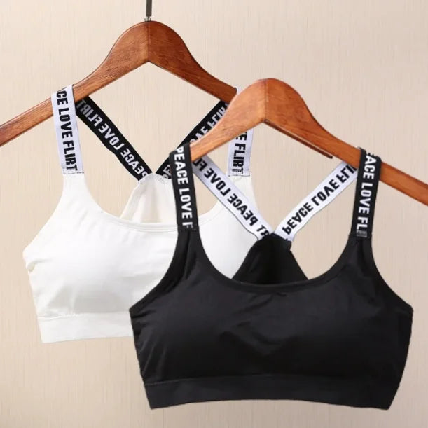 CHUANGERM Women's Seamless Sports Crop Top Wide Letter Straps Wireless Back Comfortable Yoga Fitness Workout