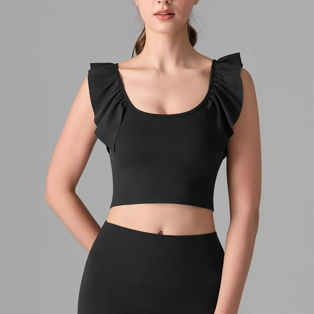 Women's Yoga Activewear Fixed-Cup Sports Bra Short Sleeve T-Shirt Lace Cami Top – Slimming Fitness Outfit for Gym, Pilates Yoga
