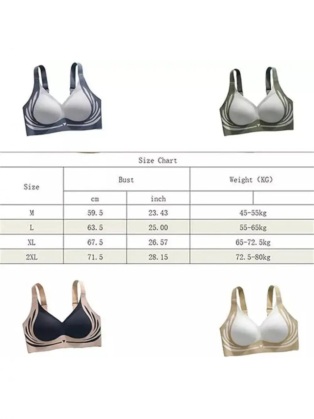 Size chart for women's bras with measurements and weight ranges on a white background.