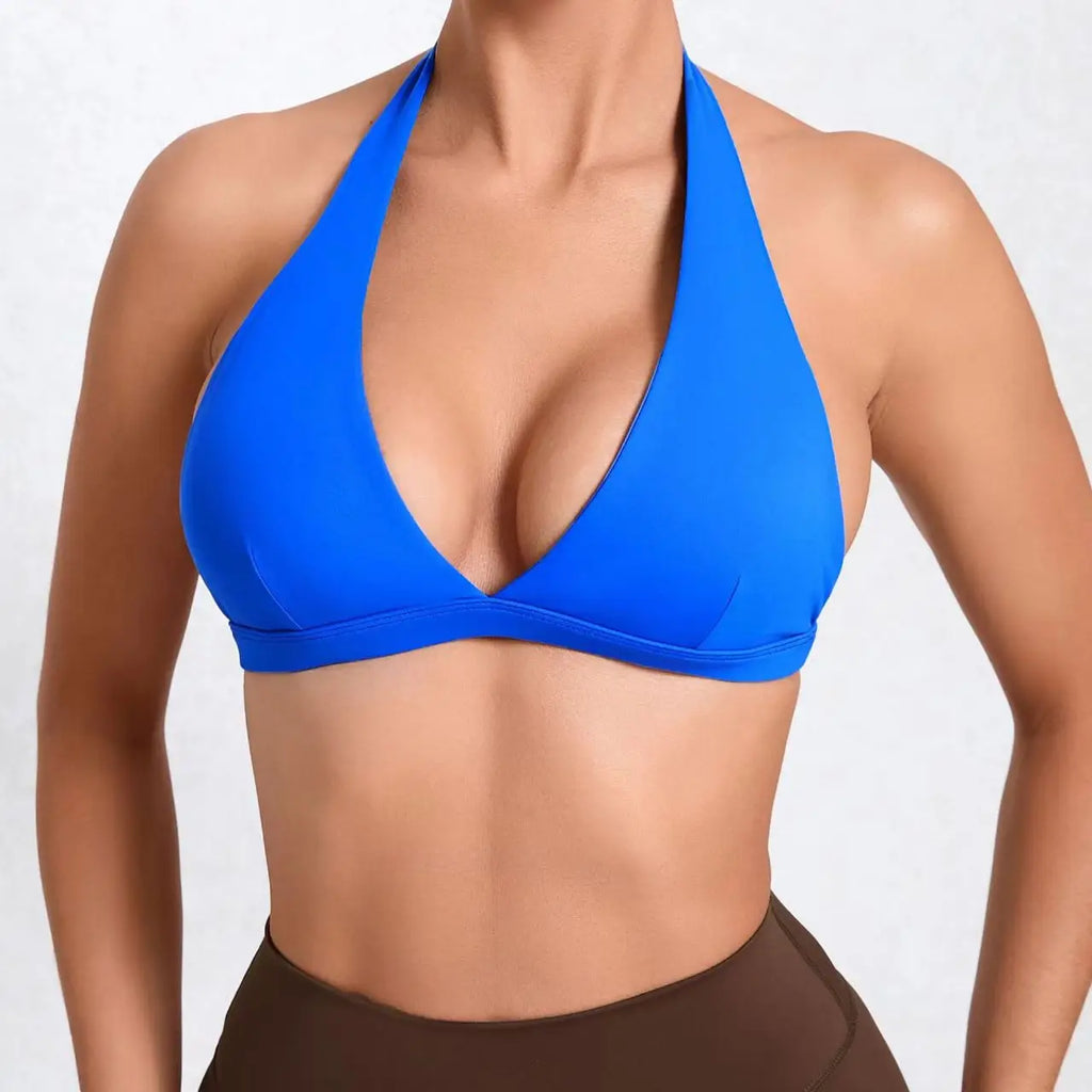 Seamless Halter Neck Open Back Sports Bra – Medium Support Yoga Gym Crop Top