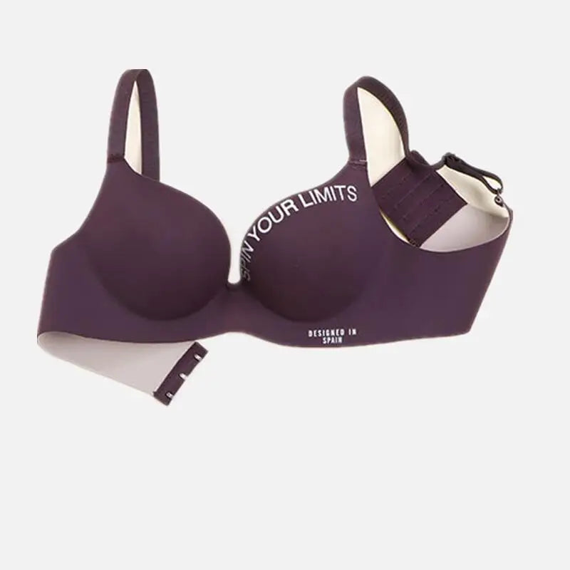 Purple bra with text on a white background