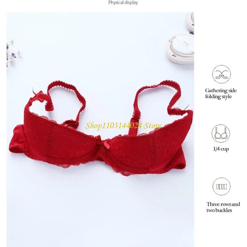Women's Balconette Bra with Push Up Effect 1/4 Cup Lace Bra Underwired Low Cut Bra Bows Shelf Bra Bralette Lingerie