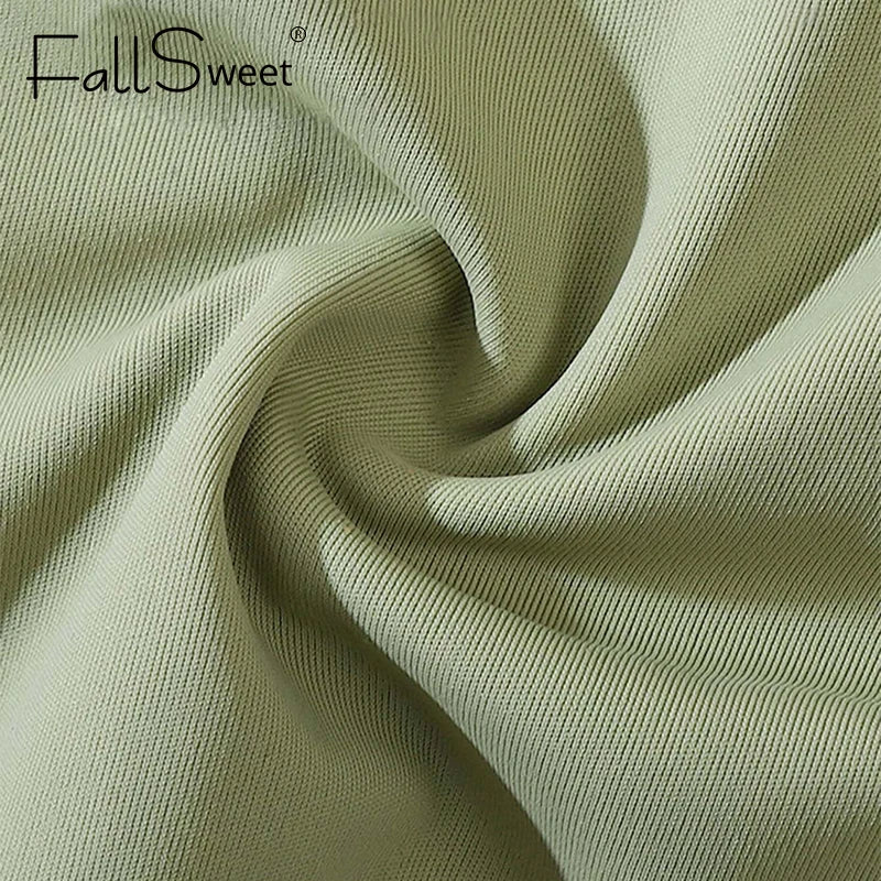 Close-up of green fabric with 'FallSweet' branding.
