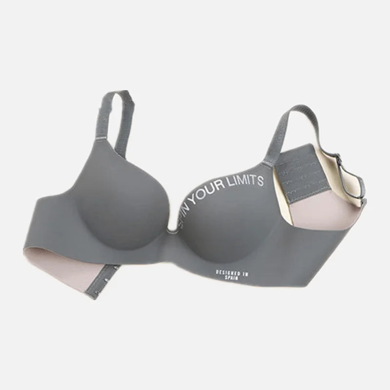 Gray bra with text on a light gray background