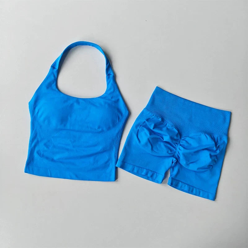Seamless Halter Neck Yoga Tank Tops for Women Built-in Bra Padded Gym Top Sleeveless Shirt Fitted Backless Workout Clothes