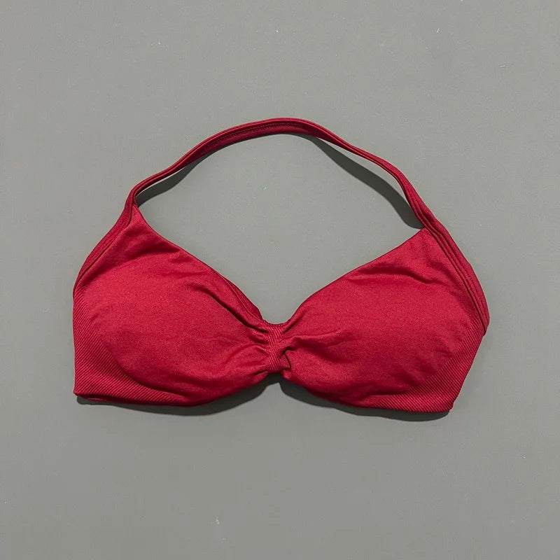 HISTELLO Strappy Sports Bra – High Support Scrunch Push-Up Halter