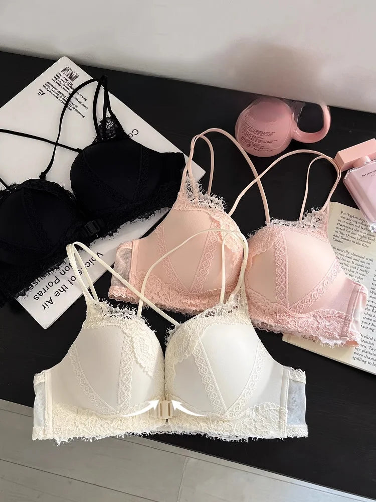 Wireless Lace Bra Set Women's Comfortable Sexy Back Design Gathered Front Clasp Underwear Nylon Material Suitable for Small B...