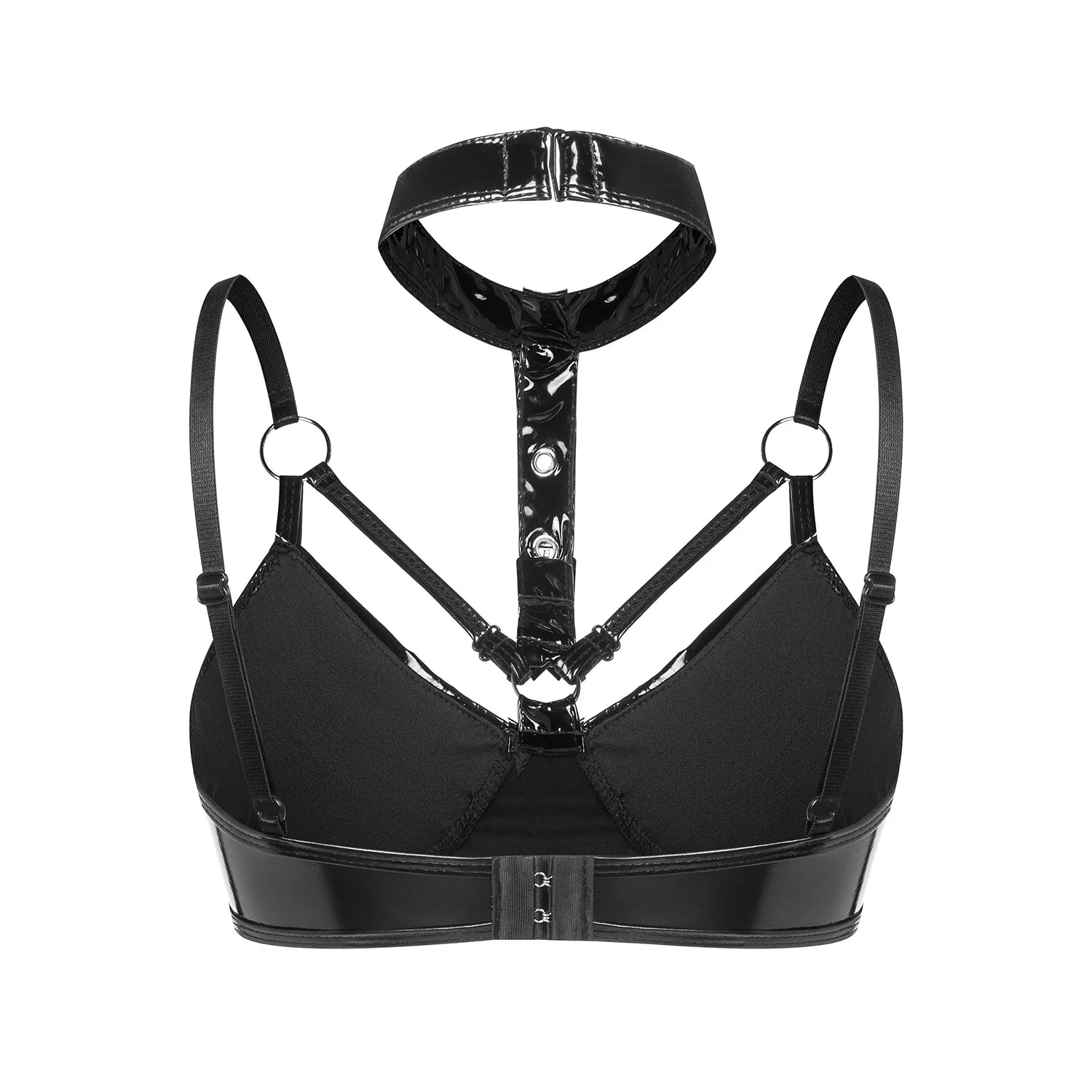 Womens Red Glossy Patent Leather Halter Bra Top Buckle Brassiere Strappy Bralette Adjustable Shoulder Straps Balconette Bustier