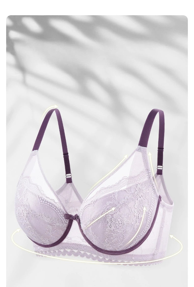 Light purple bra with lace details on a white background