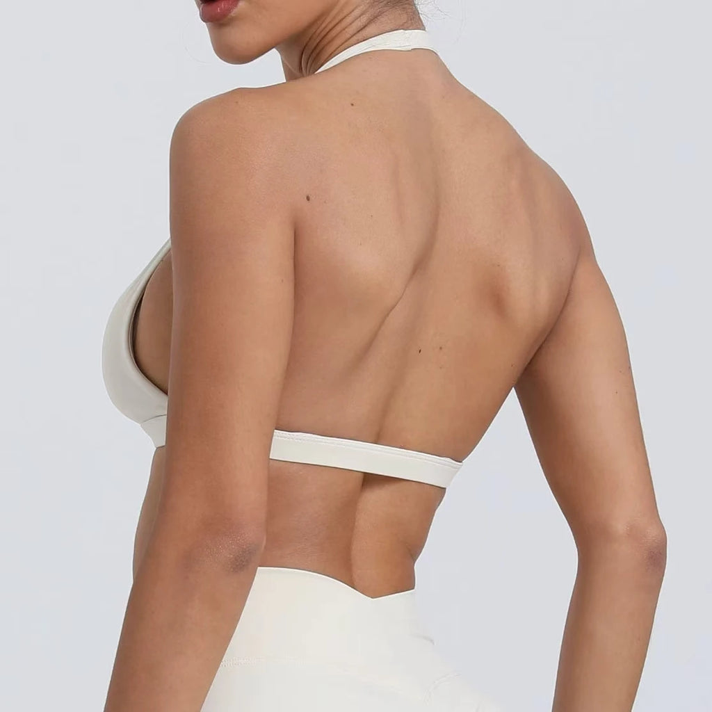 Seamless Halter Neck Open Back Sports Bra – Medium Support Yoga Gym Crop Top