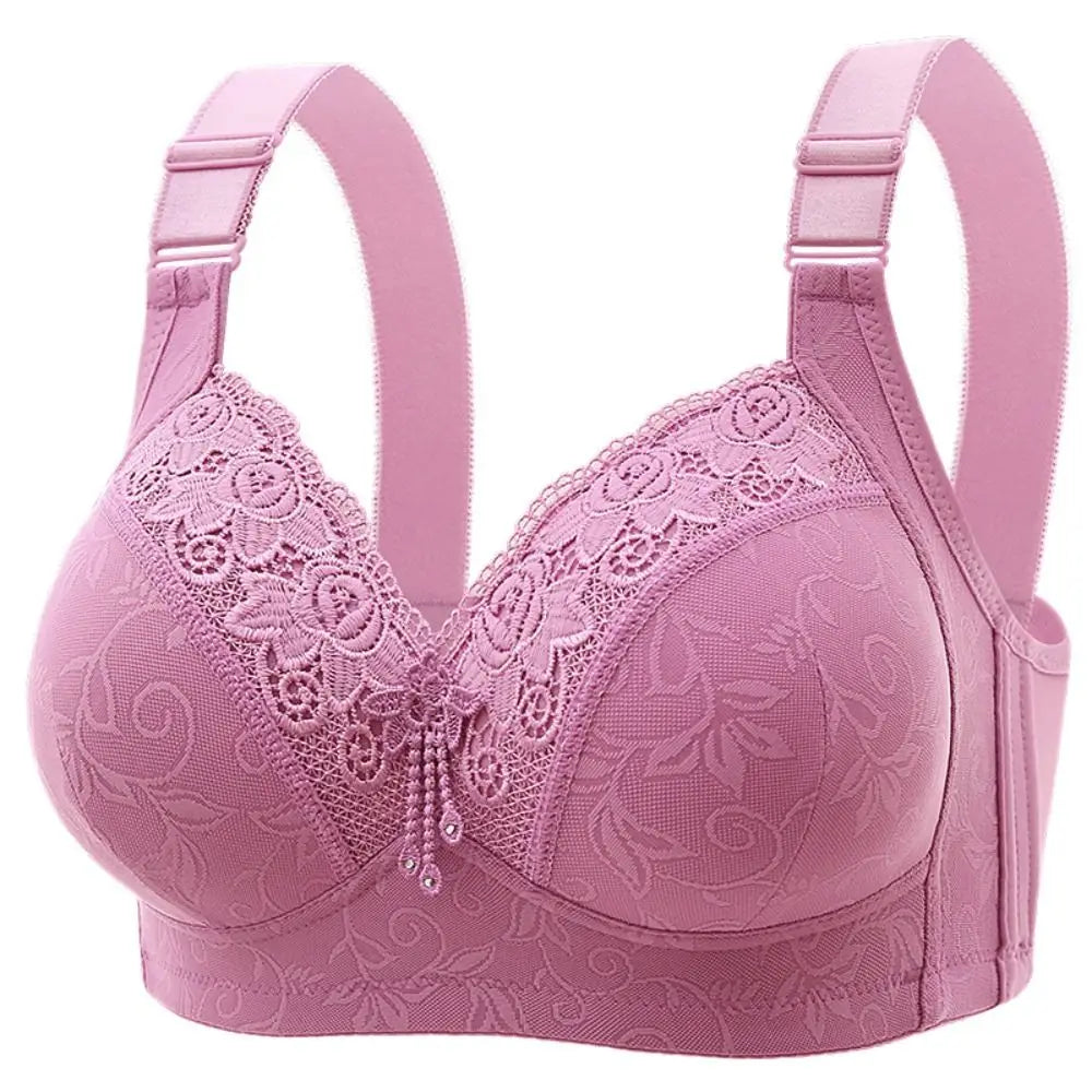 Pink bra with lace detailing on a white background