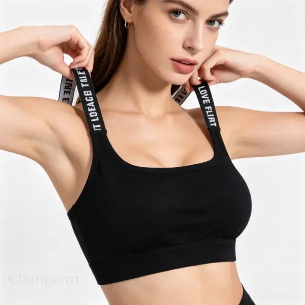 CHUANGERM Women's Seamless Sports Crop Top Wide Letter Straps Wireless Back Comfortable Yoga Fitness Workout