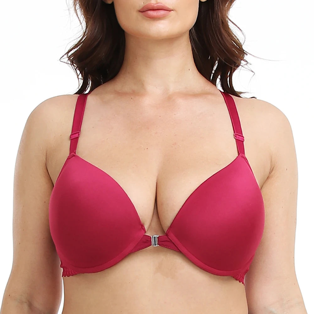 Red bra worn by a model on a white background