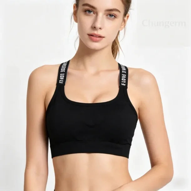 CHUANGERM Women's Seamless Sports Crop Top Wide Letter Straps Wireless Back Comfortable Yoga Fitness Workout