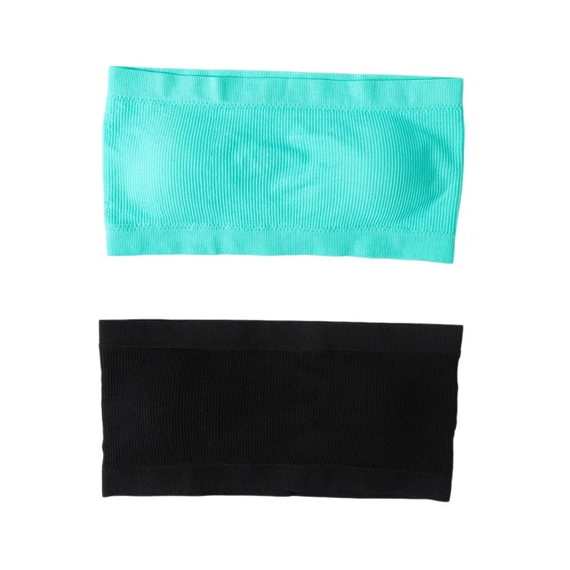 Two fabric headbands shown flat on a white background, one in bright aqua/turquoise and one in solid black.